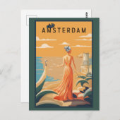 ヴィンテージビジットアムステルダムオランダ女性旅行観光 ポストカード (正面/裏面)