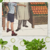 ヴィンテージビジネス、果物置き（食料雑貨店と少年） キッチンタオル (折り畳み)