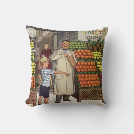 ヴィンテージビジネス、果物置き（食料雑貨店と少年） クッション (正面)