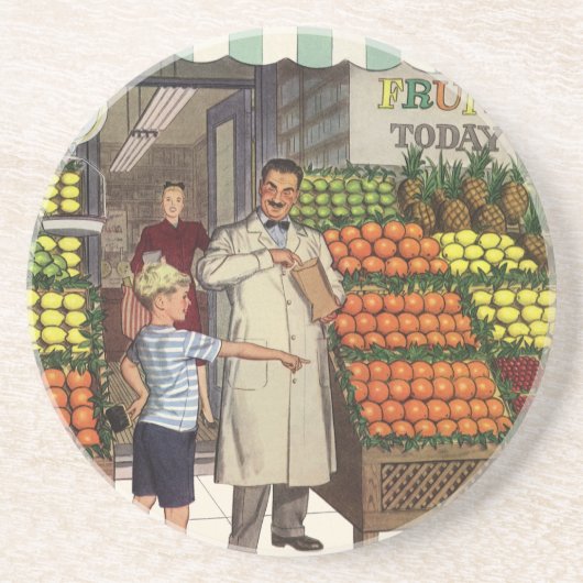 ヴィンテージビジネス、果物置き（食料雑貨店と少年） コースター (正面)