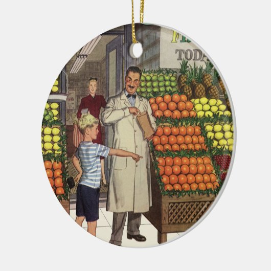ヴィンテージビジネス、果物置き(食料雑貨店と少年) セラミックオーナメント (左)