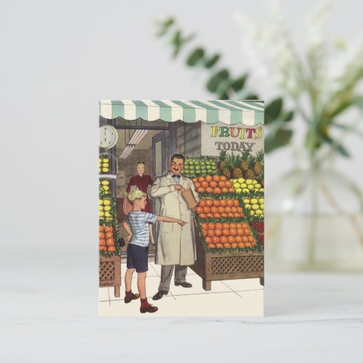 ヴィンテージビジネス、果物置き(食料雑貨店と少年) ポストカード (スタンド正面)