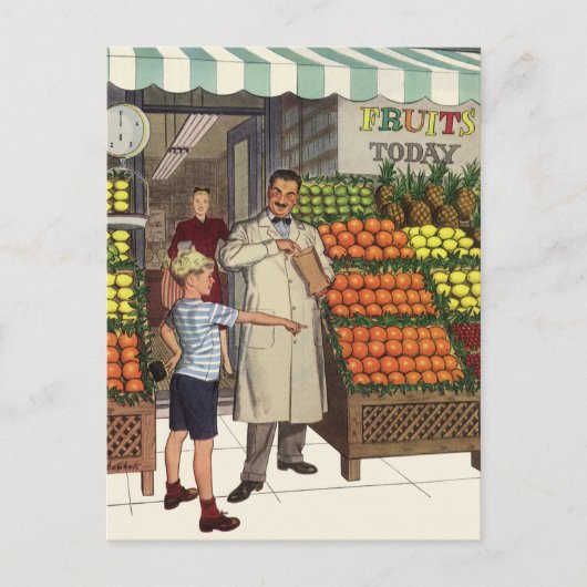 ヴィンテージビジネス、果物置き（食料雑貨店と少年） ポストカード (正面)