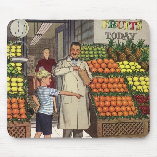 ヴィンテージビジネス、果物置き（食料雑貨店と少年） マウスパッド (正面)