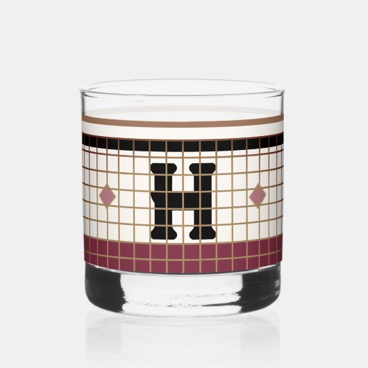 ヴィンテージビストロタイルクランベリーおよび金ゴールドモノグラム ウイスキーグラス (正面)