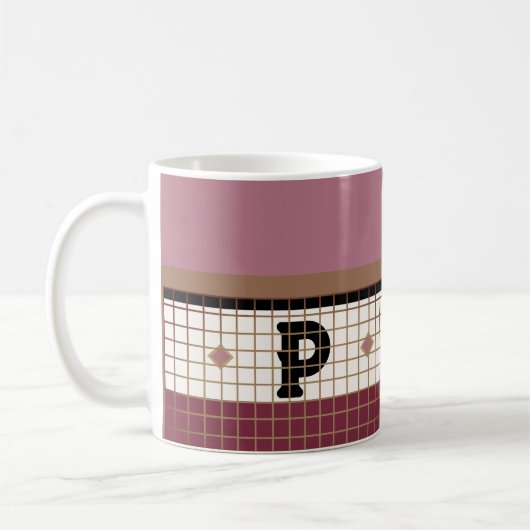 ヴィンテージビストロタイルクランベリーおよび金ゴールドモノグラム コーヒーマグカップ (左)