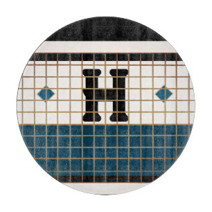 ヴィンテージビストロタイルターコイズと金ゴールドモノグラム カッティングボード