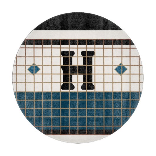 ヴィンテージビストロタイルターコイズと金ゴールドモノグラム カッティングボード (正面)