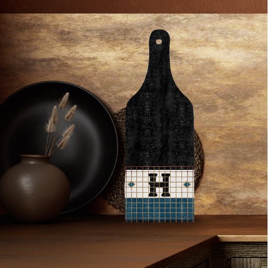 ヴィンテージビストロタイルターコイズと金ゴールドモノグラム カッティングボード