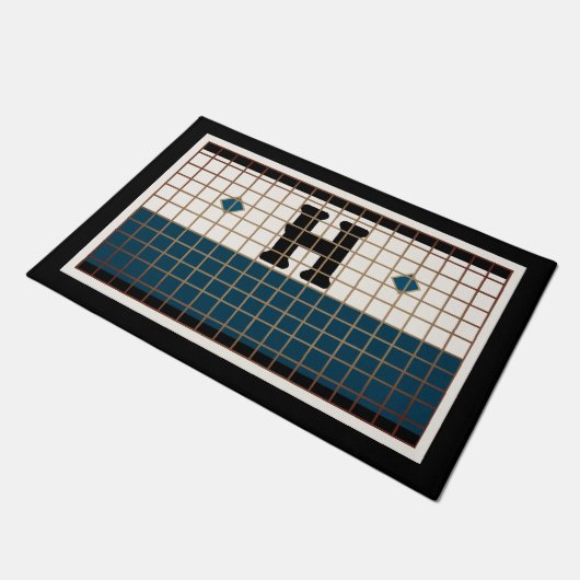 ヴィンテージビストロタイルターコイズと金ゴールドモノグラム ドアマット (アングル)