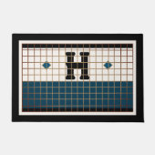 ヴィンテージビストロタイルターコイズと金ゴールドモノグラム ドアマット (正面)