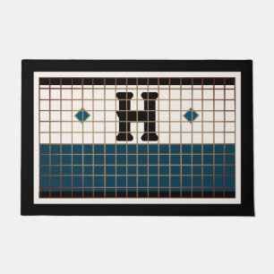 ヴィンテージビストロタイルターコイズと金ゴールドモノグラム ドアマット