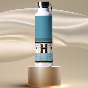 ヴィンテージビストロタイルダスティブルーアンド金ゴールドモノグラム ウォーターボトル