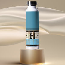 ヴィンテージビストロタイルダスティブルーアンド金ゴールドモノグラム