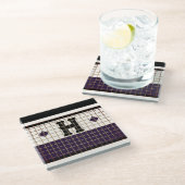 ヴィンテージビストロタイルパープルと金ゴールドモノグラム ガラスコースター (アングル)