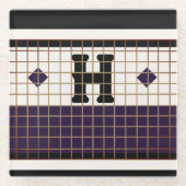 ヴィンテージビストロタイルパープルと金ゴールドモノグラム ガラスコースター (正面)