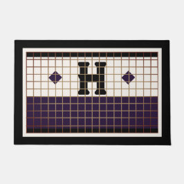 ヴィンテージビストロタイルパープルと金ゴールドモノグラム ドアマット