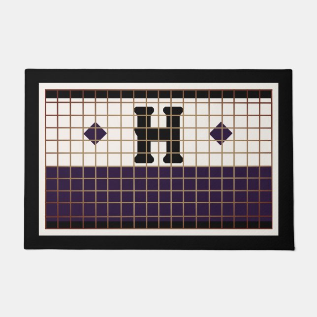 ヴィンテージビストロタイルパープルと金ゴールドモノグラム ドアマット (正面)