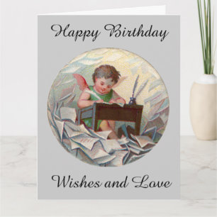 ヴィンテージビッグ誕生日エンジェル書チャイルドアットデスク カード