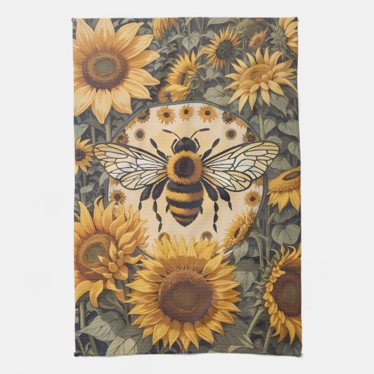 ヴィンテージビーとヒマワリ キッチンタオル (縦)