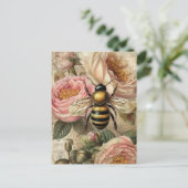 ヴィンテージビーとピンクローズのデクページ ポストカード (スタンド正面)