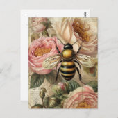 ヴィンテージビーとピンクローズのデクページ ポストカード (正面/裏面)