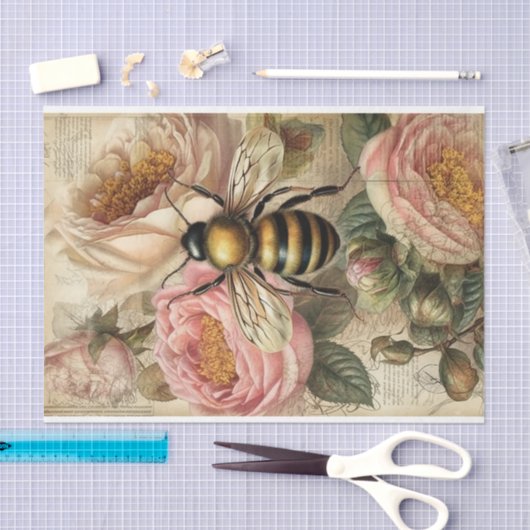 ヴィンテージビーとピンクローズのデクページ 薄葉紙 (クラフト)