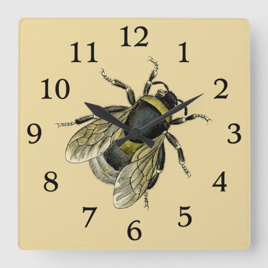 ヴィンテージビーイラストレーションアンティークハニービーズアート スクエア壁時計 (正面)
