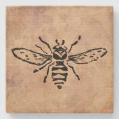 ヴィンテージビーイラストレーションバラフラワーフローラデザイン ストーンコースター (正面)