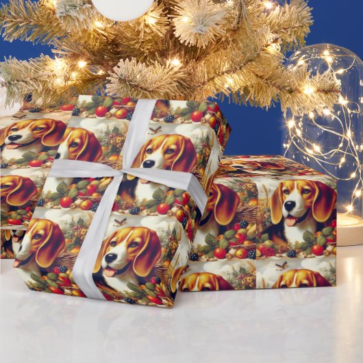 ヴィンテージビーグルパピー絵画ズ ラッピングペーパー (クリスマス)
