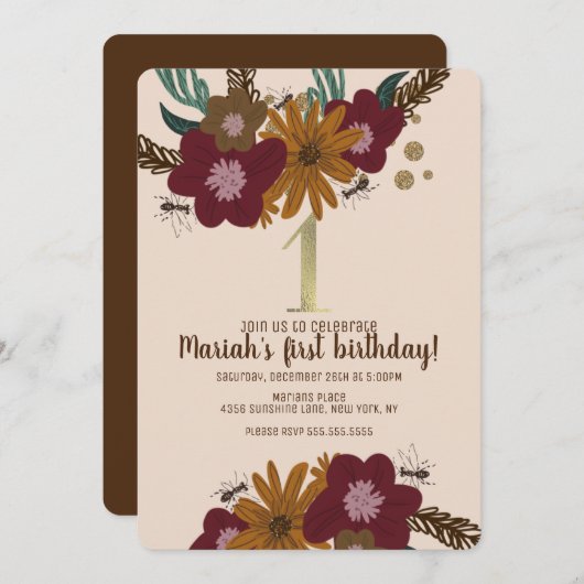 ヴィンテージビーサンフラワーフローラファースト誕生日 招待状 (正面/裏面)