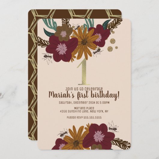 ヴィンテージビーサンフラワーフローラファースト誕生日 招待状 (正面/裏面)