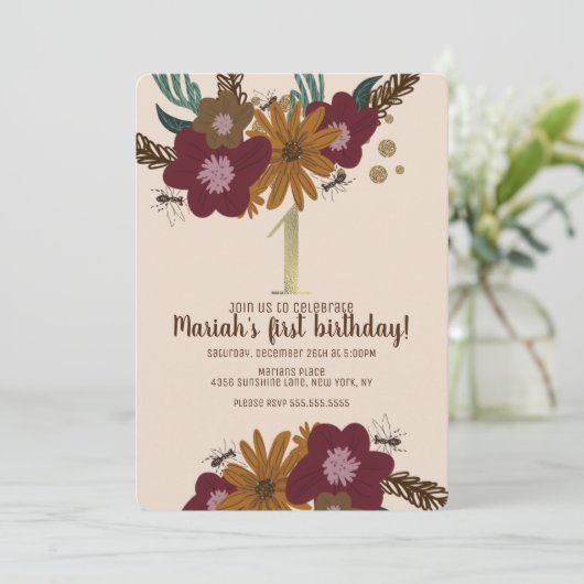ヴィンテージビーサンフラワーフローラファースト誕生日 招待状 (スタンド正面)
