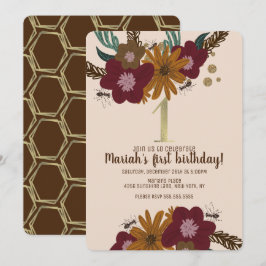 ヴィンテージビーサンフラワーフローラファースト誕生日 招待状