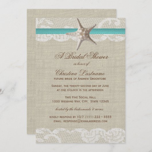ヴィンテージビーチとヒトデブライダルシャワー 招待状 (正面/裏面)