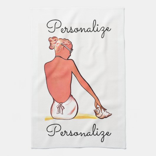 ヴィンテージビーチの女の子の海のエレガント夏 キッチンタオル (縦)