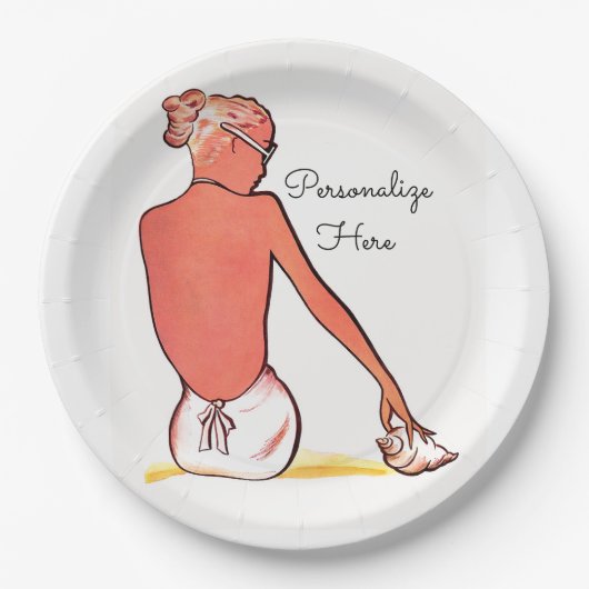 ヴィンテージビーチの女の子の海のエレガント夏 ペーパープレート (正面)