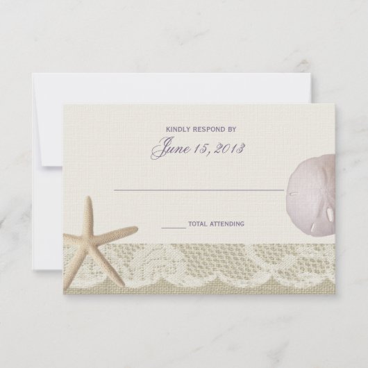 ヴィンテージビーチアイボリーと紫色の応答 出欠カード (正面)