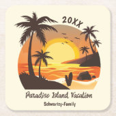 ヴィンテージビーチサンセットバケーションサーフオレンジブラウン スクエアペーパーコースター (正面)