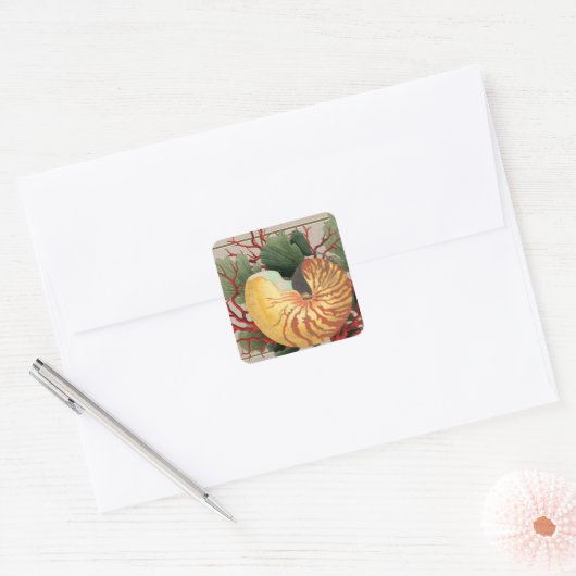 ヴィンテージビーチシーシェル&レッドコーラル スクエアシール (封筒)