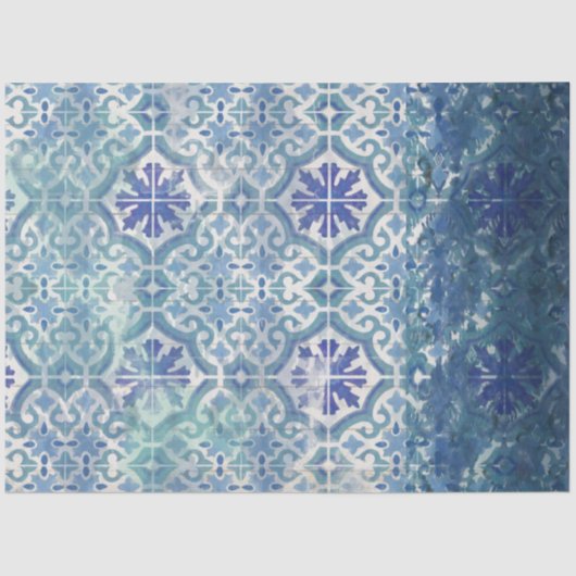 ヴィンテージビーチシーショアブルーホワイトタイルパターン 薄葉紙 (正面)