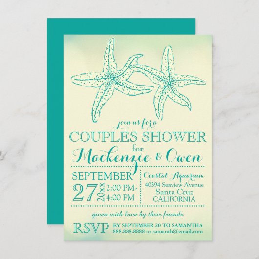 ヴィンテージビーチスターフィッシュカップルウェディングシャワー 招待状 (正面/裏面)