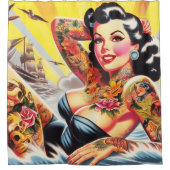 ヴィンテージビーチタトゥーピンナップ シャワーカーテン (正面)