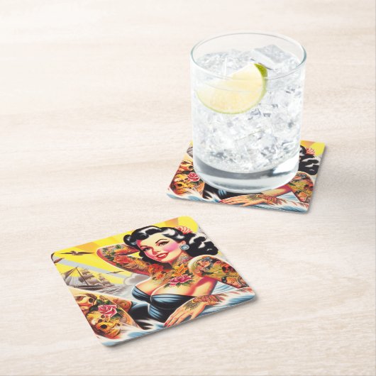 ヴィンテージビーチタトゥーピンナップ スクエアペーパーコースター (インサイチュ)