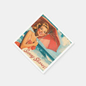 ヴィンテージビーチバケーションポスター：ブロンドのピンアップ スタンダードカクテルナプキン (角)
