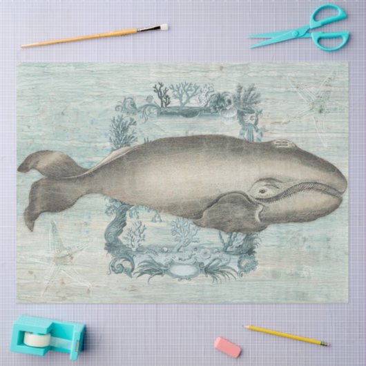 ヴィンテージビーチホエールスターフィッシュブルーウッドデクページ 薄葉紙 (クラフト)