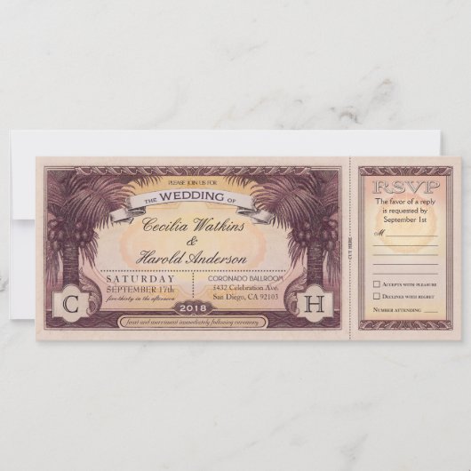 ヴィンテージビーチ結婚式チケットとRSVPカード 招待状 (正面)