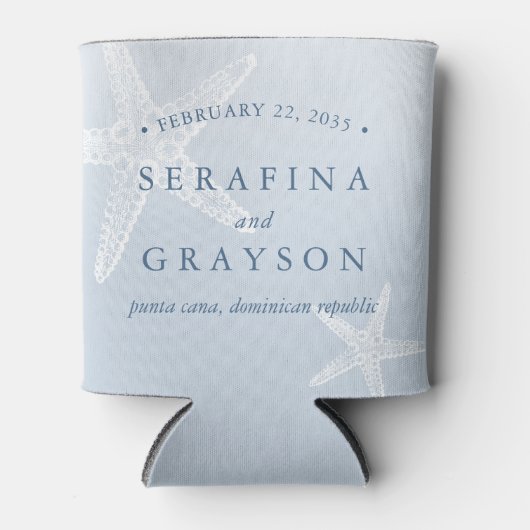 ヴィンテージビーチ結婚式ホワイトヒトスターフィッシュブルー 缶クーラー (正面)