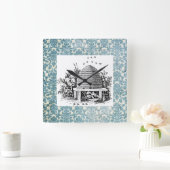 ヴィンテージビーハイブオンブルーダマスク スクエア壁時計 (ホーム)