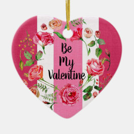 ヴィンテージビーマイバレンタインピンク白ストライプのカスタム セラミックオーナメント